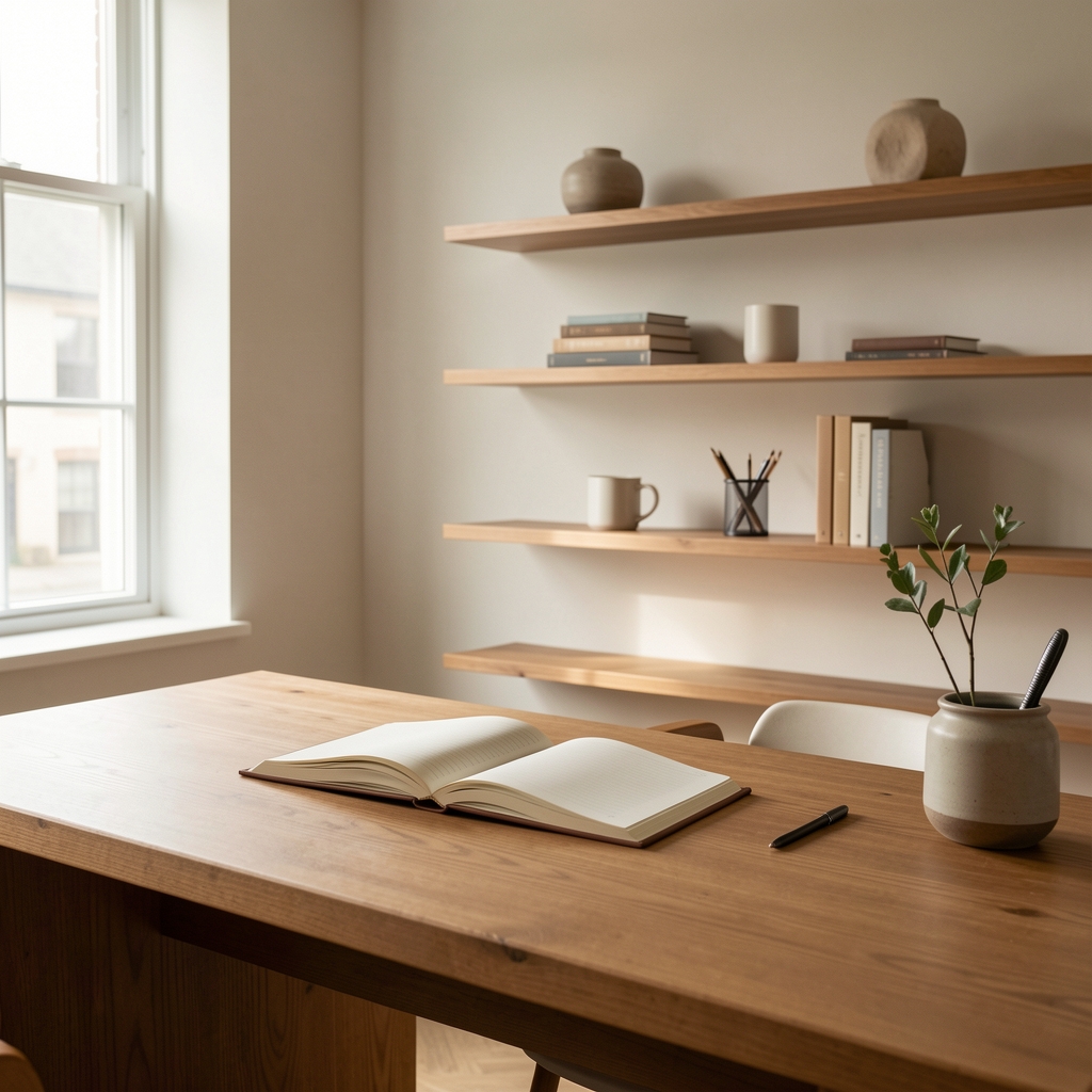 Editorial workspace with a large format printed magazine open on a clean desk, natural window light casting soft shadows across the pages