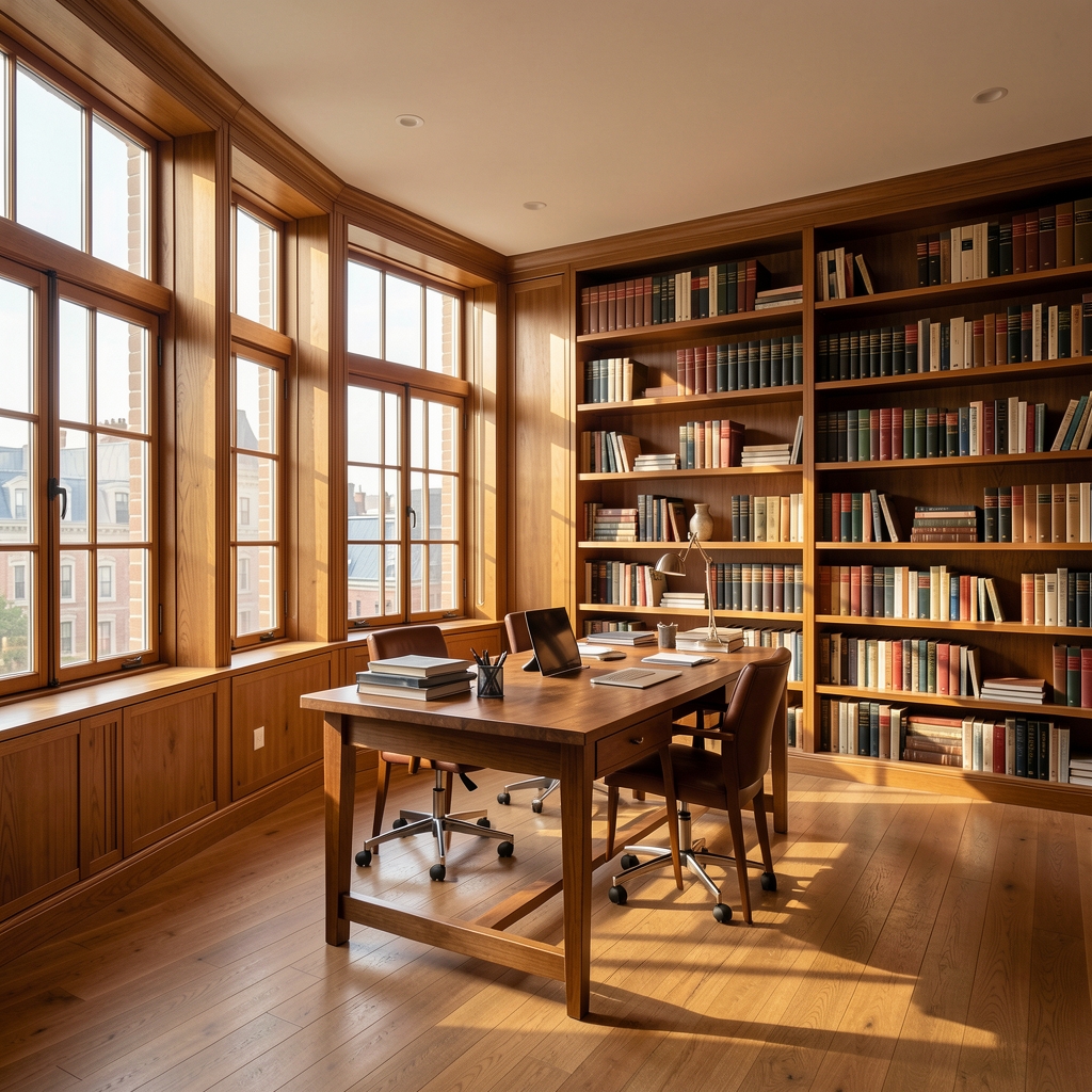 Wide view of a Kuala Lumpur editorial office interior with large windows, warm timber tones, a reference library shelf, and a central worktable in afternoon light