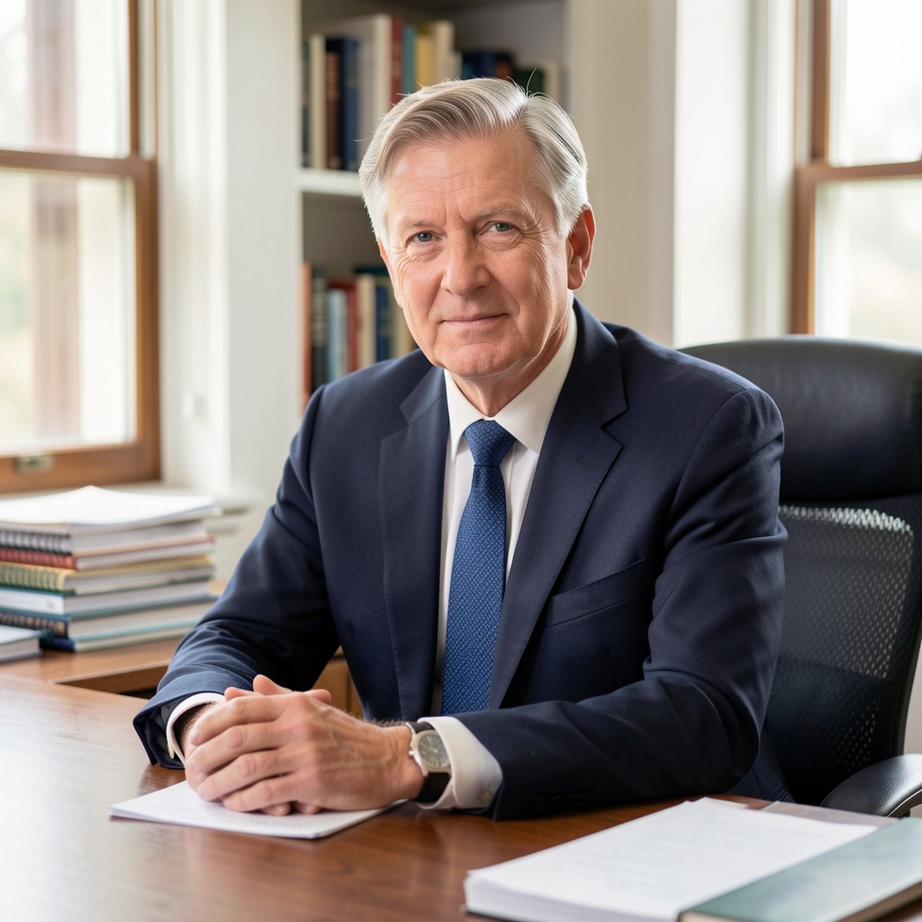 Tobias Marsden, senior correspondent, seated at a desk in a naturally lit workspace with books and notebooks in soft focus behind him