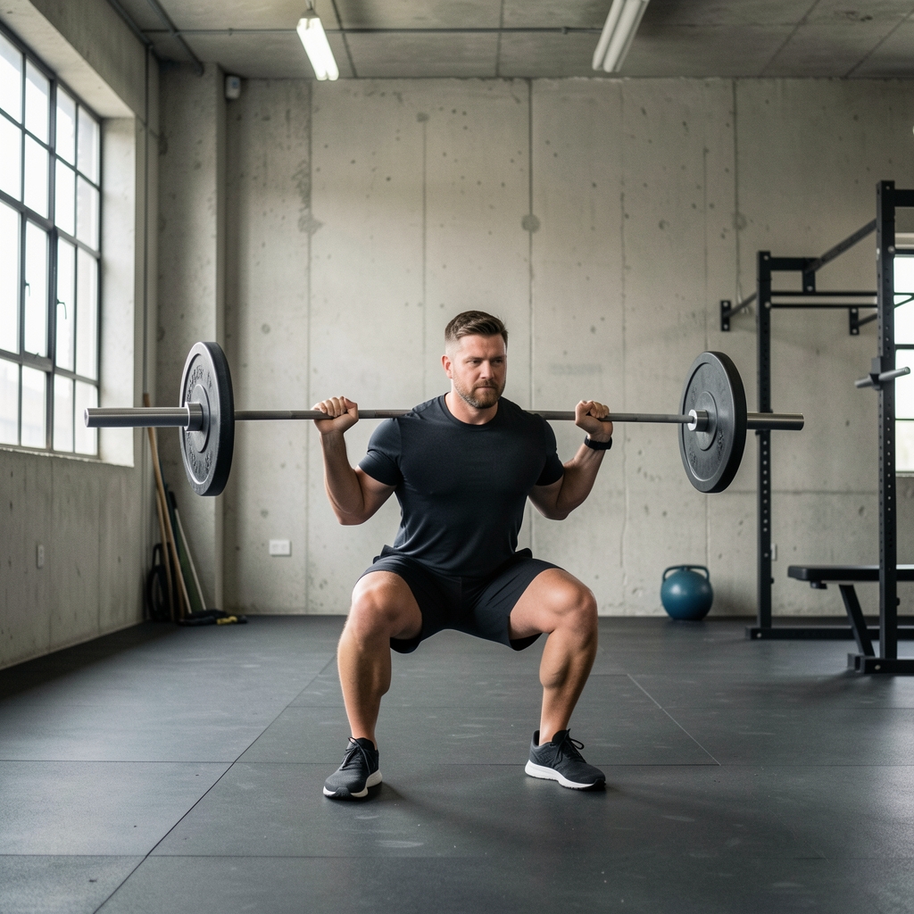 Man performing a barbell back squat in a sparse industrial gym with concrete walls and natural overhead lighting, controlled form and focused expression