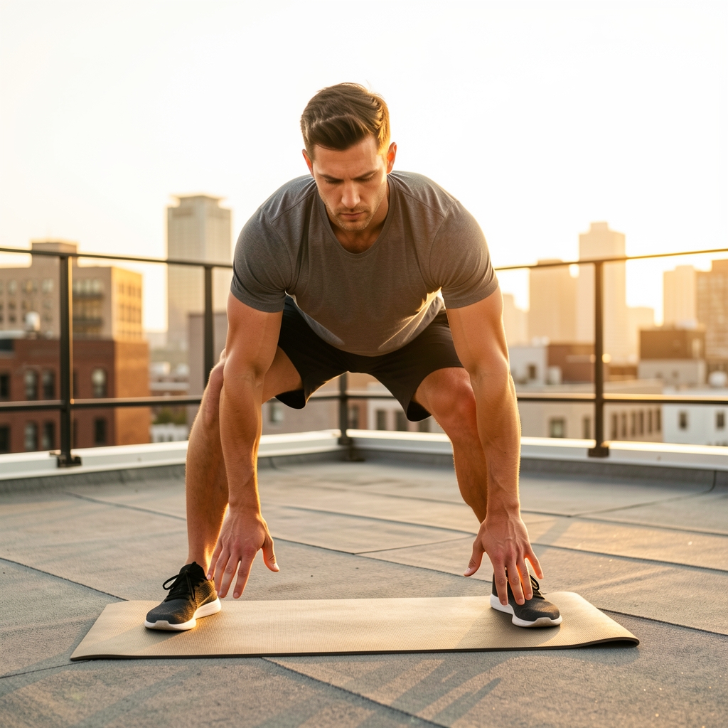 Athletic man in outdoor morning light performing a focused stretching routine on a rooftop in urban Kuala Lumpur, golden hour